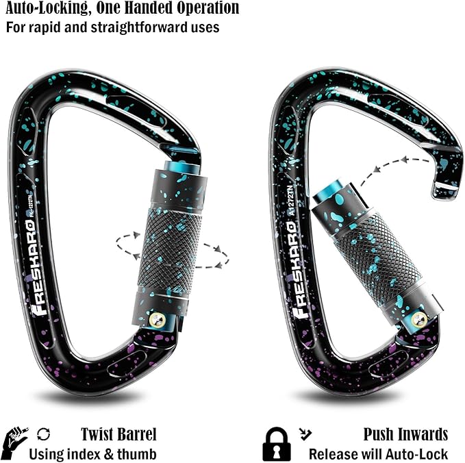 FresKaro UIAA Certified 25KN Auto Locking Climbing Carabiner Clips, Twist Lock, and Heavy Duty Carabiners for Rock Climbing, Rappelling, and Mountaineering, D Shaped (3PCS-Speckled)