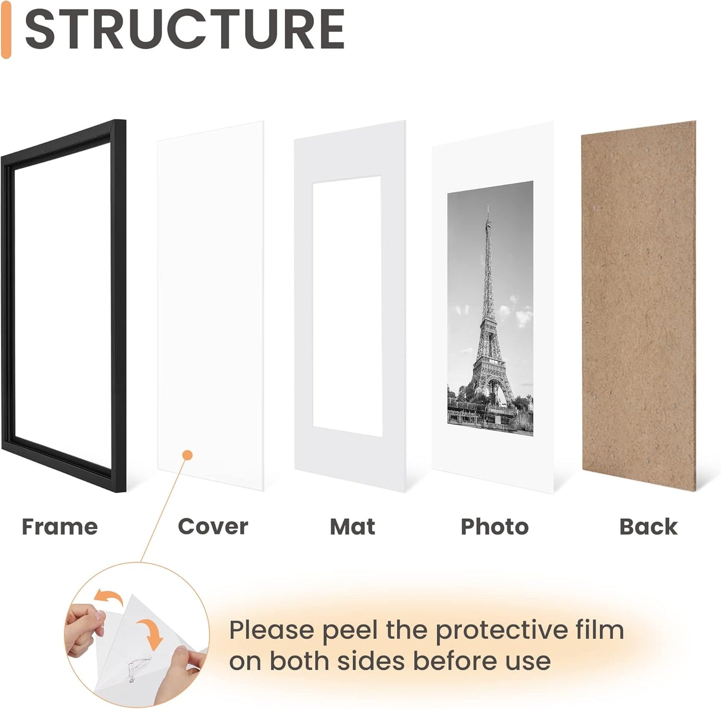 Upsimples 8.5x14 Picture Frame Set of 5 - Versatile Wall Gallery Frames for 7x10 or 8.5x14 Photos | Black