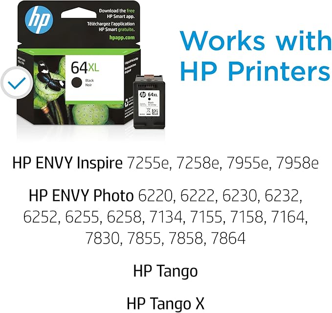 HP 64XL Black High-Yield Ink Cartridge | Works with Envy Inspire 7250e, 7950e; Envy Photo 6200, 7100, 7200, 7800, 7900; Tango Series | Eligible for Instant Ink | N9J92AN