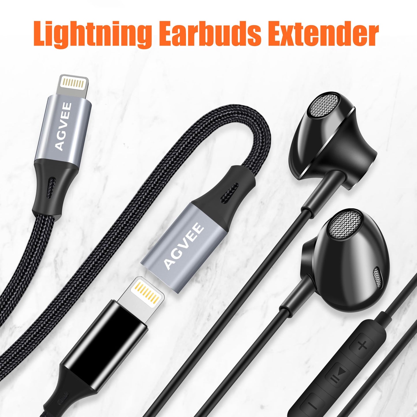 AGVEE 6.6ft Lightning Extension Cable, Braided Female to Male Extender Full Function Cord Compatible with iPhone iPad, Data Sync Video Audio & Charging Connector Adapter, Dark Gray