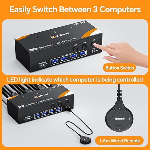 KCEVE USB 3.0 KVM Switch 3 Monitors 3 Computers Displayport HDMI, Triple Monitor KVM Switch 8K@60Hz 4K@144Hz for 3 Computers Share Mouse Keyboard, Wired Remote and Power Adapter