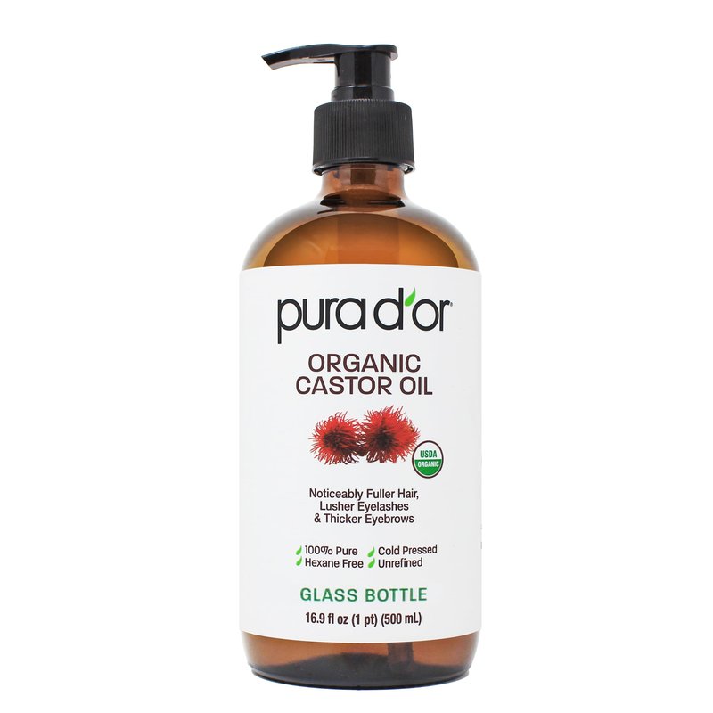 PURA D'OR ORGANIC Castor Oil (16.9 Oz GLASS BOTTLE) Pure Cold-Pressed Hexane-Free USDA Certified â Lashes Brows Hair Scalp Skin â Botanical Moisturizer for Softness Strength Hydration Shine Radiance