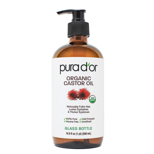 PURA D'OR ORGANIC Castor Oil (16.9 Oz GLASS BOTTLE) Pure Cold-Pressed Hexane-Free USDA Certified â Lashes Brows Hair Scalp Skin â Botanical Moisturizer for Softness Strength Hydration Shine Radiance