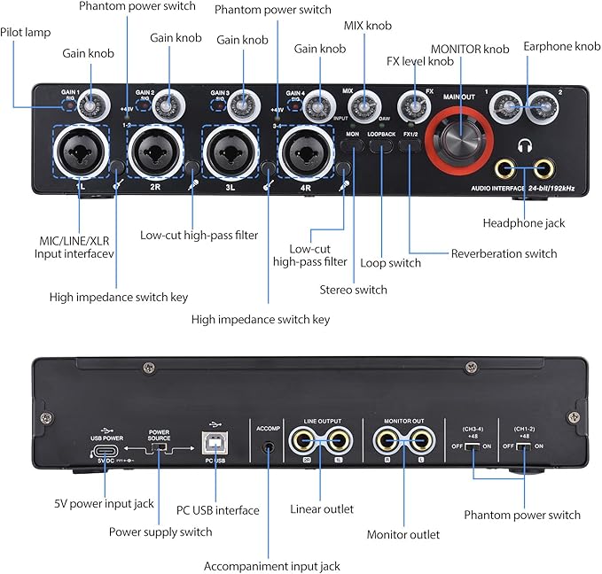Summina 4 Channels Sound Card Computer Audio Interface, 4-in 4-out for Professional Recording of Live Streaming Karaoke, Driver Free USB Audio Interface