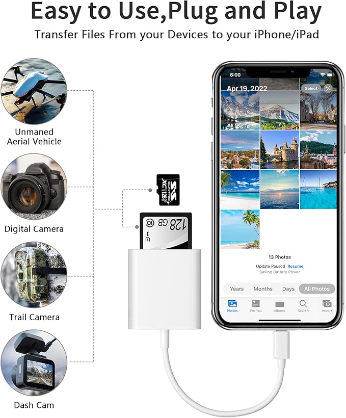 SD Card Reader for iPhone iPad Camera with USB C, Dual Card Slot USB 3.0 Memory Card Reader Supports SD/TF Card Trail Camera Viewer SD Card Adapter Portable Micro SD Card Reader No App Plug and Play