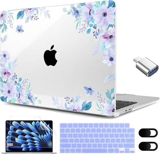 MEEgoodo for M5/M4/M3/M2 MacBook Air 15 inch Case 2026 2025 2024 2023, Case Fit Model (A3448/A3241/A3114/A2941) for MacBook Air 15.3 inch, Soft Purple Floral