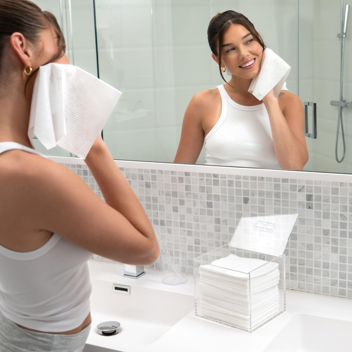 CLEAN SKIN CLUB Clear Acrylic Box for Clean Towels XL (NOT Included), Container For 50 Disposable Clean Towels XL, Face Towelettes Bathroom Counter Storage, Bin for Cleansing Facial Dry Wipes