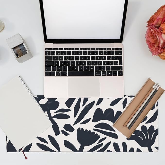 Eflxamz Desk Pad, Hand Drawn Leaves and Flowers Desk Mat, Abstract Plant Large Gaming Mouse Pad with Non-Slip Base and Stitched Edge, 31.5"x11.8"