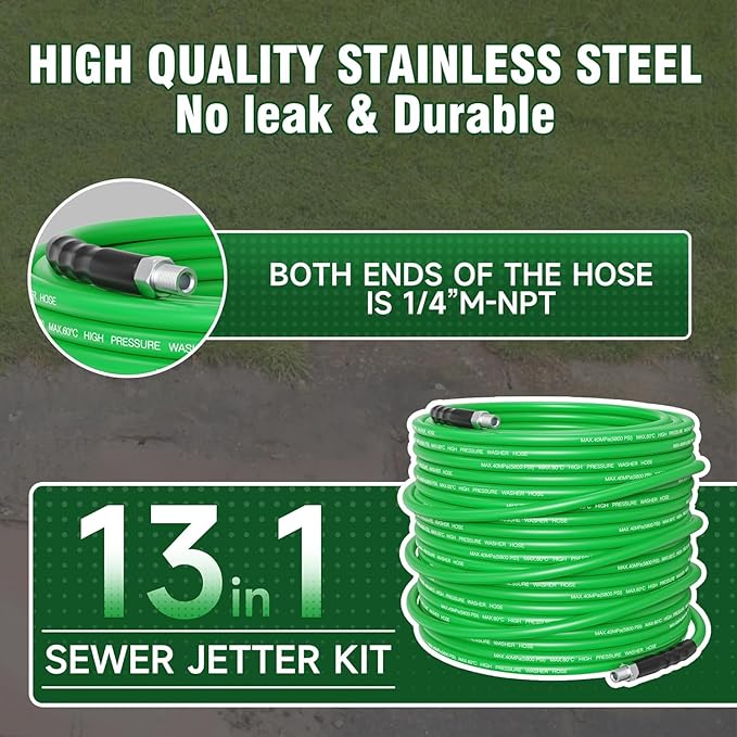 Sewer Jetter Kit for Pressure Washer 200FT â 5800PSI High-Pressure Drain Cleaner, M22 & 1/4'' NPT Universal Fit, Unclog Gutters & Sewer Lines, Durable Jetter Hose for Homeowners & DIYers (200FT)