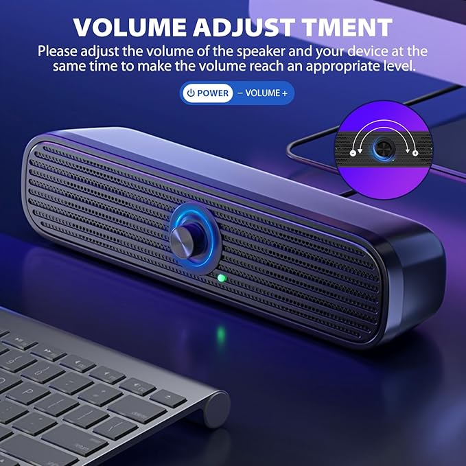 1Mii Computer Speakers for Desktop Laptop Tablet, USB Powered PC Speakers, Small Speakers Wired with Volume Control, Stereo Sound with 3.5mm Audio Plug for Windows Mac Linux PCs