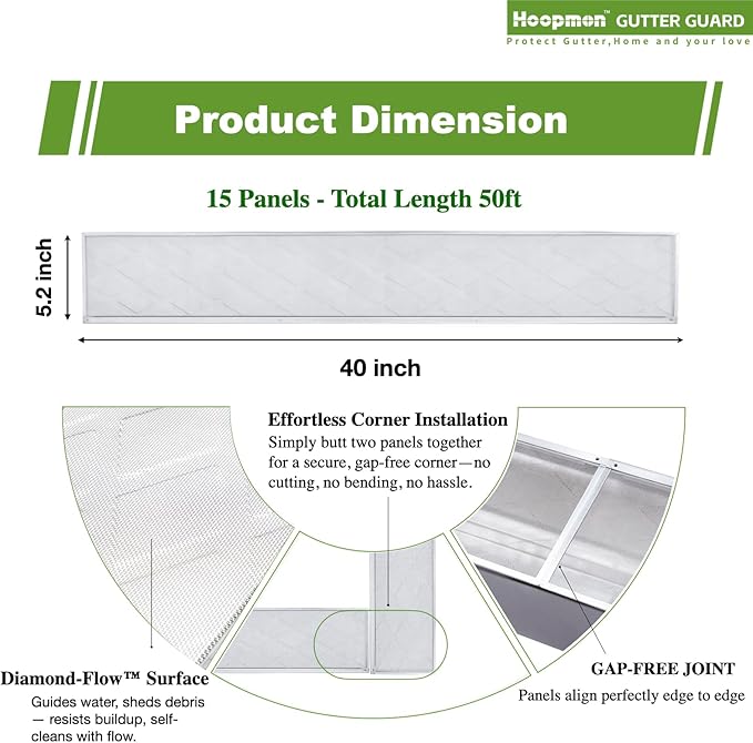 Gutter Guard â 100% Stainless-Steel Micro-Mesh Design, Pine Needle & Small Debris Protection, Fits 5 in KâStyle & HalfâRound Gutters, DIY Screws Included (50ft, 15pcs, 5in x 40in)
