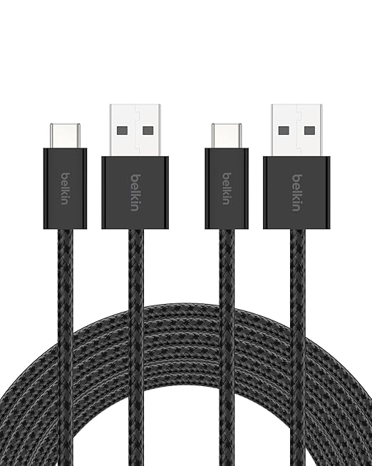 Belkin USB A to USB C Cable 2-Pack, 9.9ft, 15W - Type C Charger, iPhone Charger Cord, Soft, Braided, Flexible for iPhone 17 & 16, Galaxy S26, Pixel 10, iPad Pro, Airpods Pro, Switch & More - Black