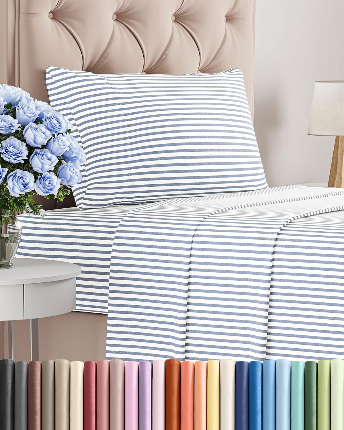 Skiennix Twin Size Sheet Set - Comfy Cooling Bed Sheets with Deep Pockets - Luxury Blue Stripes