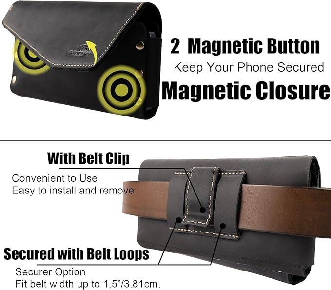 Topstache Leather Phone Holster with Belt Clip for iPhone 17/16 Pro Max & Plus - Leather Belt Card Holder for Galaxy S25/S24/S23 Ultra - Cell Phone Pouch - Fit Protective Cover on, XL,Black