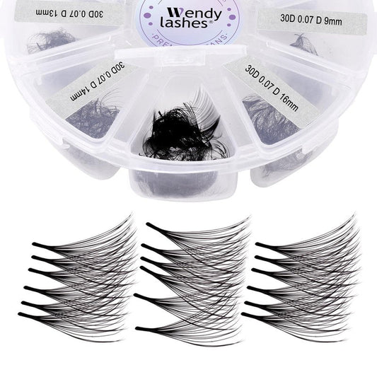 Wendy Lashes Premade Fans, 500PCS Professional Volume Eyelash Extensions,9-16mm Mixed Lengths, D Curl, Black Matte, Thin Base, Easy to Apply, Natural Soft Look