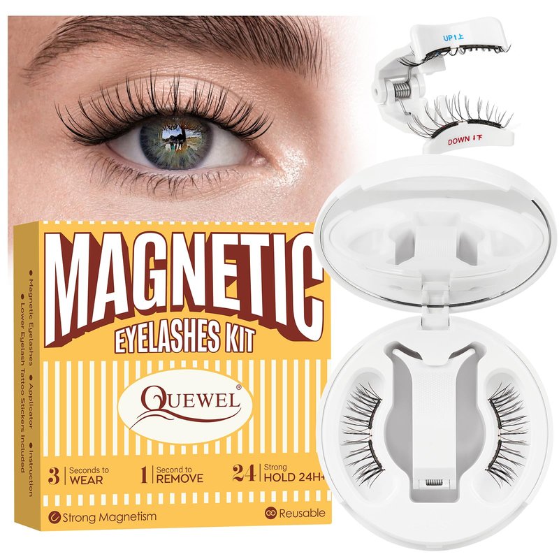 QUEWEL Magnetic-Eyelashes with Applicator, Upgrade 1 Pair Soft Magnetic Lashes, No Glue Needed Reusable Magnetic Eyelashes So Soft and Suitable for Beginners (Soft-Magnetic-C)