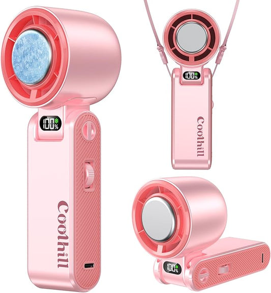 Coolhill Pro Handheld Portable Fan with Ice Cooler: 199-Speed 5500mAh Rechargeable Handheld Fan, 12H Time Hand Cooling Personal Fans with 20000 RPM Air Turbo Tech for Travel Outdoor (Pink)