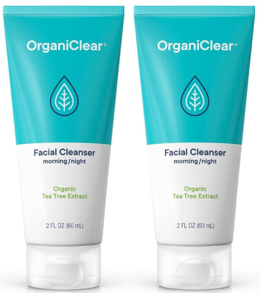 OrganiClear Facial Cleanser w/Organic Tea Tree & Salicylic Acid – Gentle Daily Foaming Gel Face Wash for Deep Cleansing & Makeup Removal – Unclogs Pores, Eliminates Dirt & Oil, (2 oz) 2 Pack