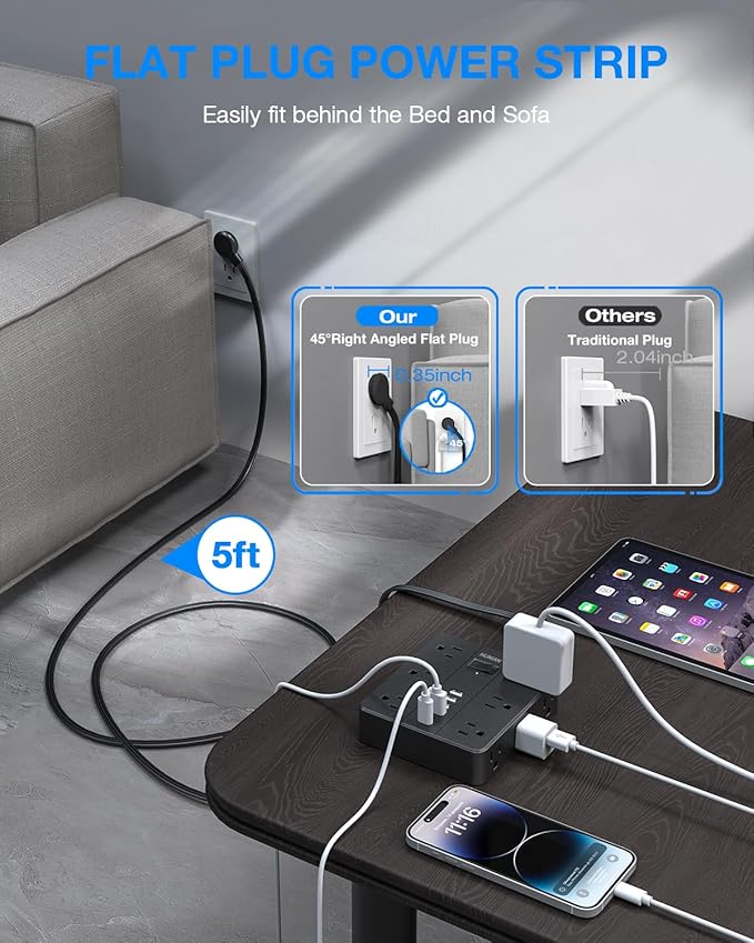 Flat Plug Power Strip, Flat Extension Cord Indoor 20 Feet, HUNIAN 12 Widely Spaced Outlets with 6 USB Charger (2 USB C Ports), Desk Charging Station for Home Office Supplies, Dorm Room, Black