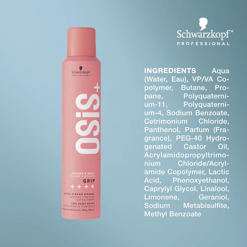 OSiS+ Grip Extreme Hold Mousse – Extra Strong Control and Volume with Lasting Definition and Natural Shine – Volumizing, Vegan Formula with Heat Protection, 6.76 oz