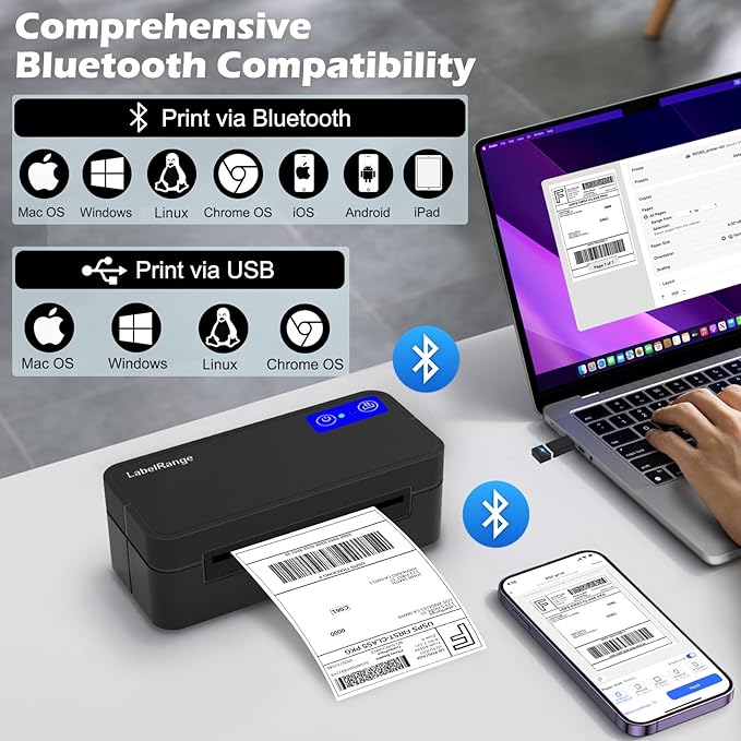 Bluetooth Thermal Label Printer for Mac, Windows, Phone, Tablet, Wireless 4x6 Shipping Label Printer for Shipping Packages, Support USPS, Amazon, Pirate Ship, Shopify