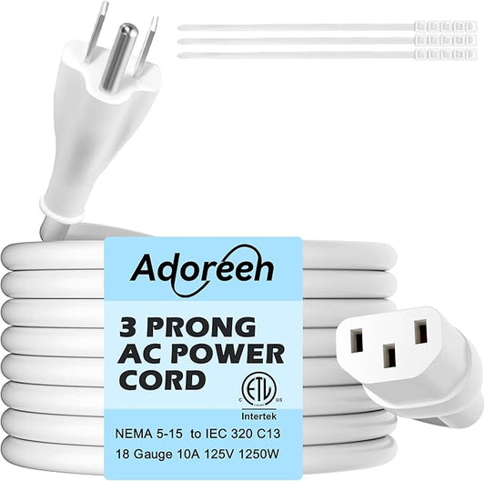 Adoreen 6 Ft Computer TV Replacement Power Cord White, 18AWG 3-Prong AC Universal Power Supply Cable NEMA 5-15P to IEC 320 C13 for Printer, PC, Monitor TV LCD, ETL+Ties