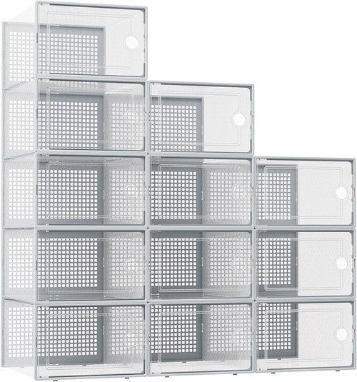 Kuject Shoe Storage Boxes - XX-Large Clear Plastic Organizers, Stackable 12-Pack for Closet & Under Bed, Grey