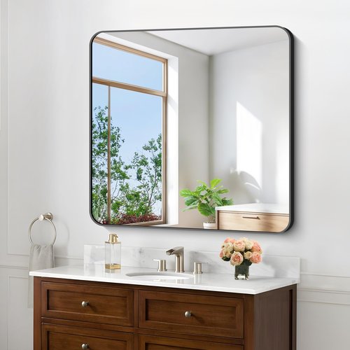 CIVENO Black Bathroom Mirrors for Wall, 30"x30" Square Mirror, Rounded Corner Metal Frame Wall Mirror, Bathroom Vanity Mirror for Bedroom Living Room Entryway Horizontal Or Vertical Mounting