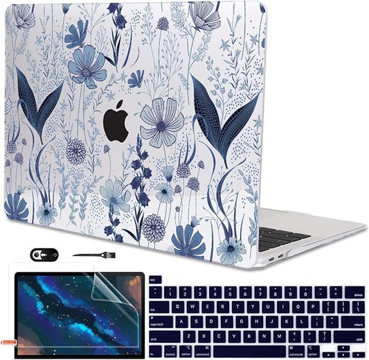 LCMOCICO for MacBook Pro 13 Inch Case 2022 2021 2020 Release A2338 M2 M1 A2251 A2289, Plastic Hard Shell Case for MacBook Pro 13.3 inch with Touch Bar & Touch ID, Navy Blue Wild Flowers