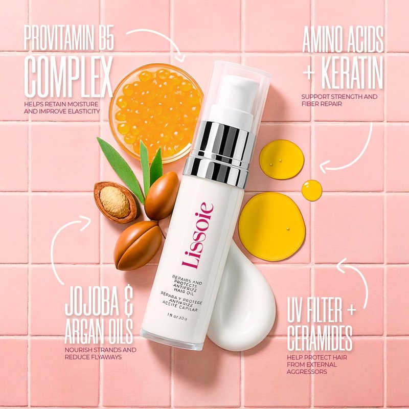 Lissoie Weightless Shine Hair Serum Oil 1 fl oz – Squalane, Avocado & Argan – 48-Hr Hydration, Frizz Tamer, Heat + UV Shield up to 450 °F – Non-Greasy, Paraben & Cruelty-Free Pump Dispenser