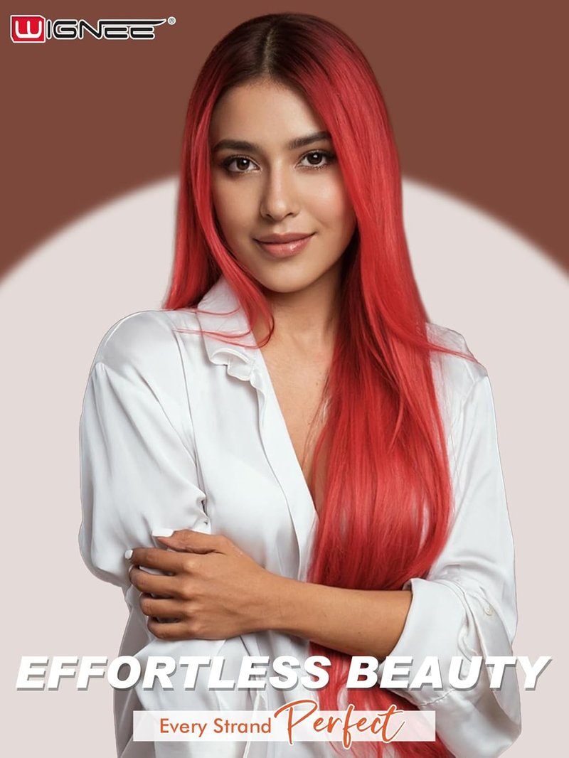WIGNEE 13x6 Synthetic Lace Front Wig - 28" Long Straight Red Wig | Pre-Plucked, Glueless Design for Daily Wear
