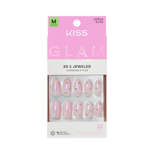 Kiss Glam, Press On Nails, Nail glue included, 'Breeze of Bliss', White, Medium Size, Almond Shape, Includes 32 Nails, 2g Glue, 1 Manicure Stick, 1 Mini File