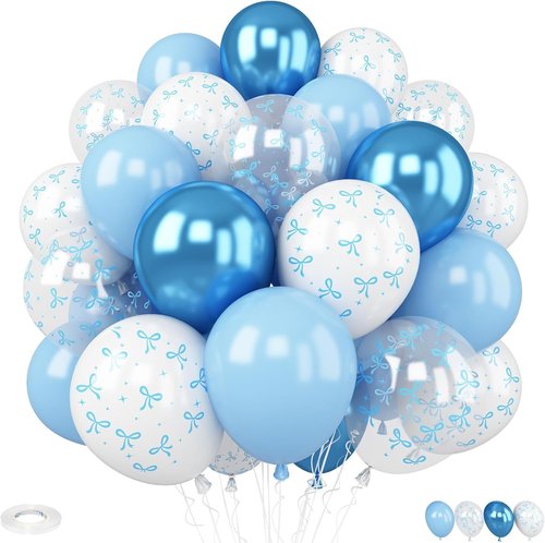 Blue Bow Balloons - 30 Pcs 12-Inch Blue & White Printed Balloons for Bachelorette Party Decor
