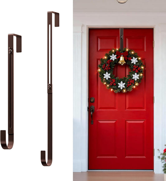 Skiennix Adjustable Metal Wreath Hanger - Holds Up to 20lbs | 12-20" Over The Door Hook for All Seasons (Bronze)