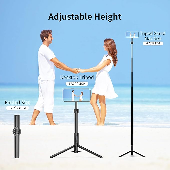 SEAJIC Magnetic Phone Tripod for iPhone 64" Selfie Stick with Remote and Metal Ring, Automatic Pop-up Magnetic Travel Tripod for Cell Phone Video Recording/Photography/Vlogging (Balck) (Black Grey)