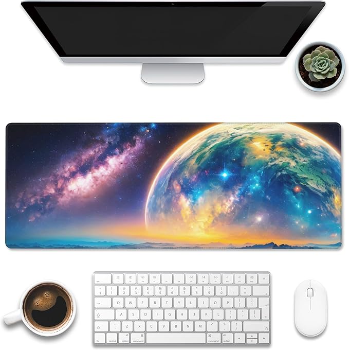 Eflxamz Desk Mat,Galaxy Earth Planet Desk Pad,Science Fiction Cosmic Large Gaming Mouse Pad for Desk,Extended Big Computer Keyboard Mouse Pad with Non-Slip Base and Stitched Edge,31.5"x11.8"