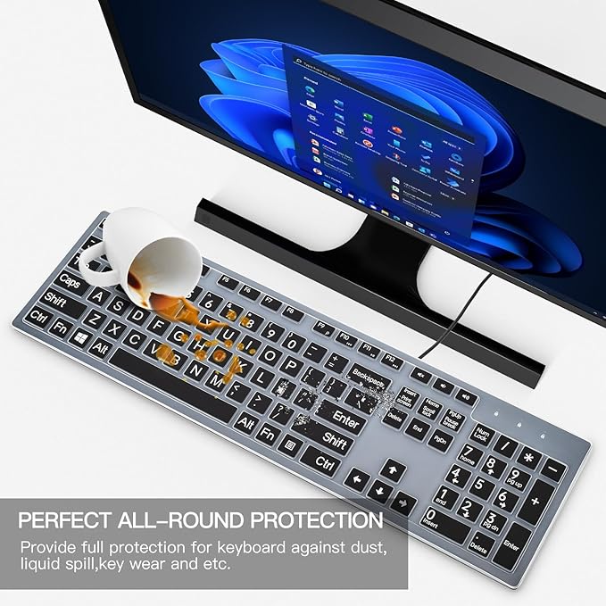 Keyboard Cover with Large Letters for DELL KB216 KB216b KB216t KB216d KB216p KM636 Wired & Wireless Keyboard, Dell Inspiron Desktop 24" 27" 5400 5490 7790 3475 3670 7450 7050 Keyboard Protector,Black