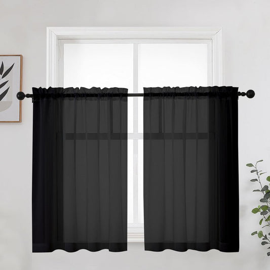 OWENIE Short Black Sheer Curtains 36 Inches 2 Panels Set - Kitchen Tiers Valances Curtains Light Filter Rod Pocket Voile Cafe Curtains for Kitchen Bathroom Small Half Window, 42 in W x 36 in L, Black