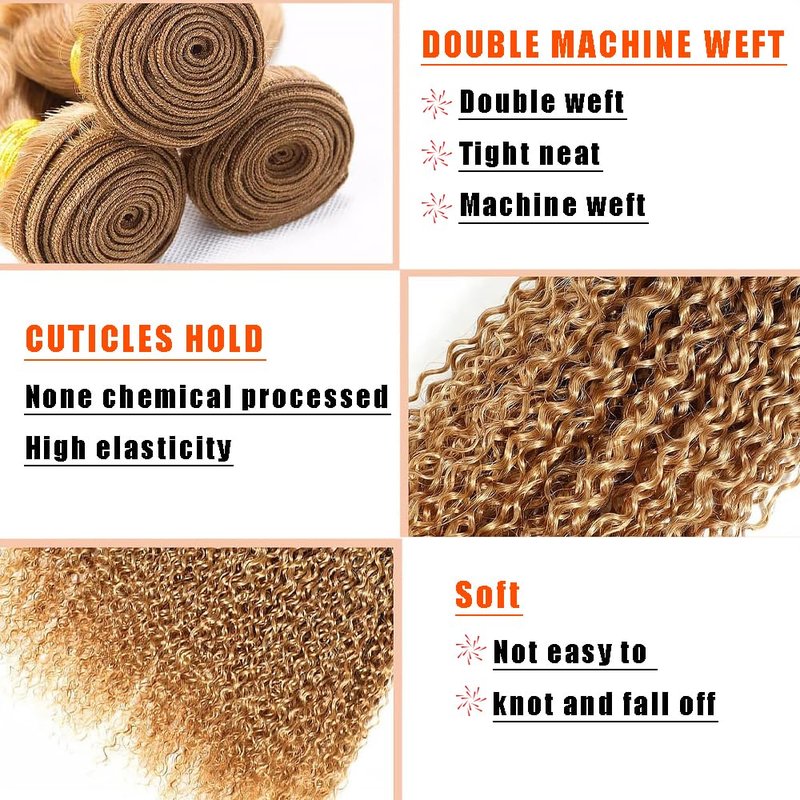 Honey Blonde Human Hair Bundles 14 16 18 Inch Kinky Curly Wave Bundles Human Hair Unprocessed Native Virgin Hair 100/PC 3 Extensions #27 Blonde Color Wet and Wavy Human Hair Extensions for Women