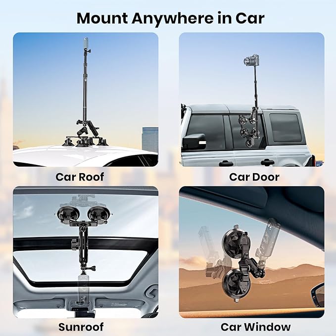 Thlevel Suction Car Mount for GoPro/Insta360/DJI | Aluminum Alloy Extendable Selfie Stick with Multi-Joint Flexible Arm | Upsized Strong Suction Mount Kit Includes Tripod Adapter