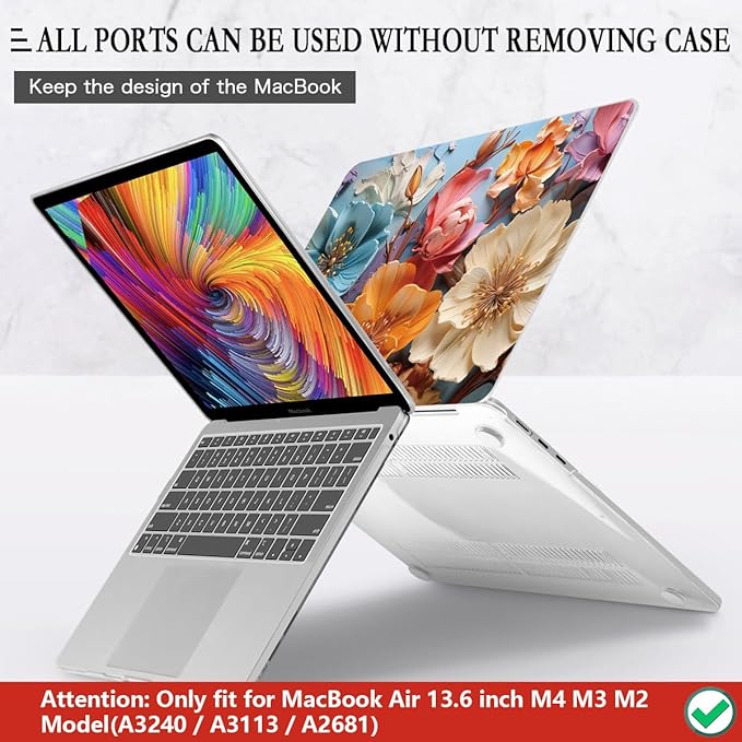 CISSOOK for MacBook Air 13 inch M2 M3 M4 M5 Case 2022 2023 2024 2025 2026 Release, Flower Hard Shell Cases with Keyboard Cover OTG Adapter for MacBook Air 13.6 inch A3449 A3240 M3113 A2681