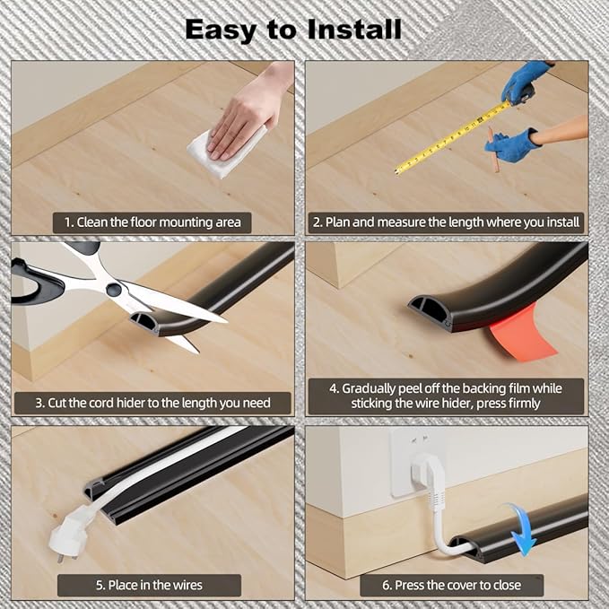Kneelisa 4FT Side-Open Extension Cord Covers for Wires on Floor,Silicone Power Cable Protector Cord Hider Management Strip,Hide Electric Wire on Carpet,Chord Runner Protective Safety,Black