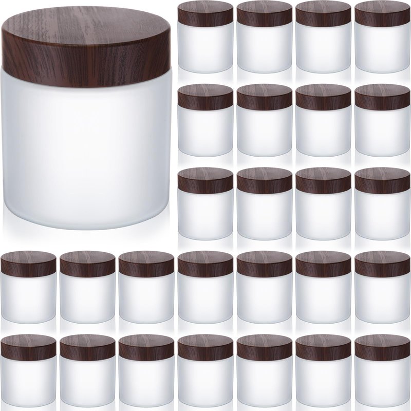 Geiserailie 30 Pcs 3.5oz Glass Jars with Plastic Wood Grain Lids Leakproof Airtight Empty Cosmetic Jars Sample Containers for Storing Lotions Powder Ointments Candle Making(Dark Brown)