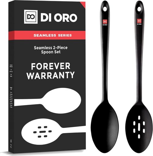 DI ORO Silicone Cooking Spoons - Heat-Resistant 600°F Utensils for Mixing & Serving | 2-Piece Set in Black