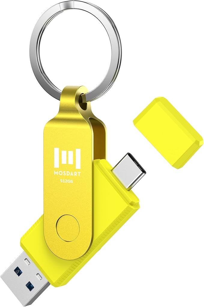 MOSDART 512GB USB C 3.2 Fast Speed C and A Dual Flash Drive, exFAT Memory Stick with Keychain and LED Indicator, for iPhone 15,16, 17, Android Phone, iPad, MacBook, and Other Laptops,Yellow