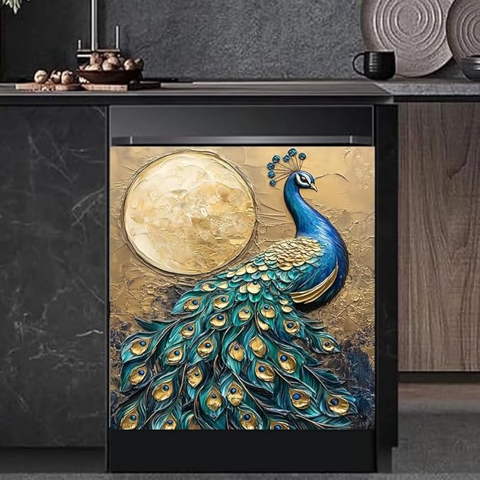 Peacock Kitchen Decor Dishwasher Magnet Cover Decal, Moon Magnetic Dish Washer Panel Door Vinyl Sticker, Refrigerator Magnets,Easy to Clean, 23 x 26 inch