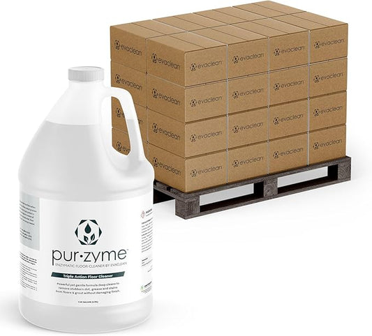 EvaClean PurZyme Enzyme Cleaner â 192 One Gallon Bottles, 48 Cases per Pallet, Triple-Action Grease Remover, Odor Control for Drains, Floors & Grout, pH Neutral Formula, Safe for Kitchens & Restrooms