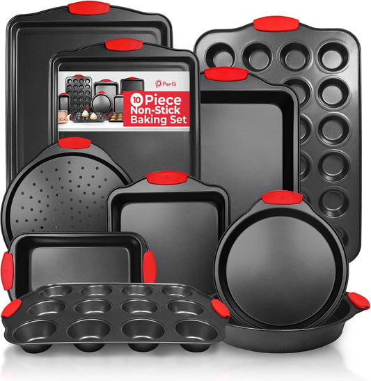PERLLI Non-Stick 10-Piece Baking Pan Set - BPA-Free Carbon Steel Bakeware with Silicone Handles | Oven Safe Up to 446°F