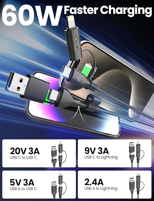 Coiled USB-C and Lightning Cable 2-in-1, 3FT iPhone 15 16 Car Charger Cord, 60W Fast Charging Cable for iPhone 16, Samsung Galaxy Supports Apple CarPlay & Android Auto (Black)