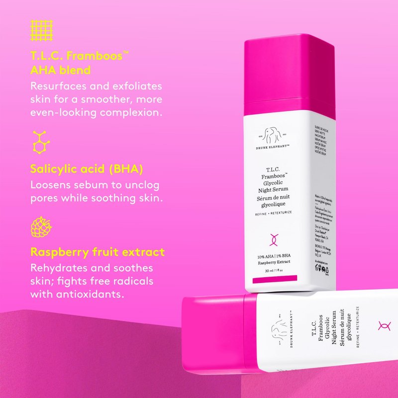 Drunk Elephant T.L.C. Framboos Glycolic Serum - 30 ml/1 fl oz - Exfoliating AHA Serum - Clean Clinical Skincare - Cruelty-Free - Dermatologist-Tested - Free of Essential Oils, Silicones, and Fragrance